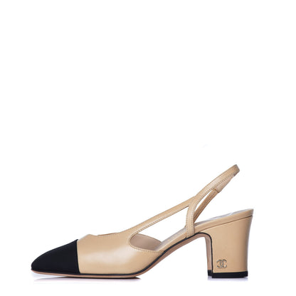 Chanel Goatskin Grosgrain Cap Toe CC Slingback Pumps 35 Beige Black 1 of 9