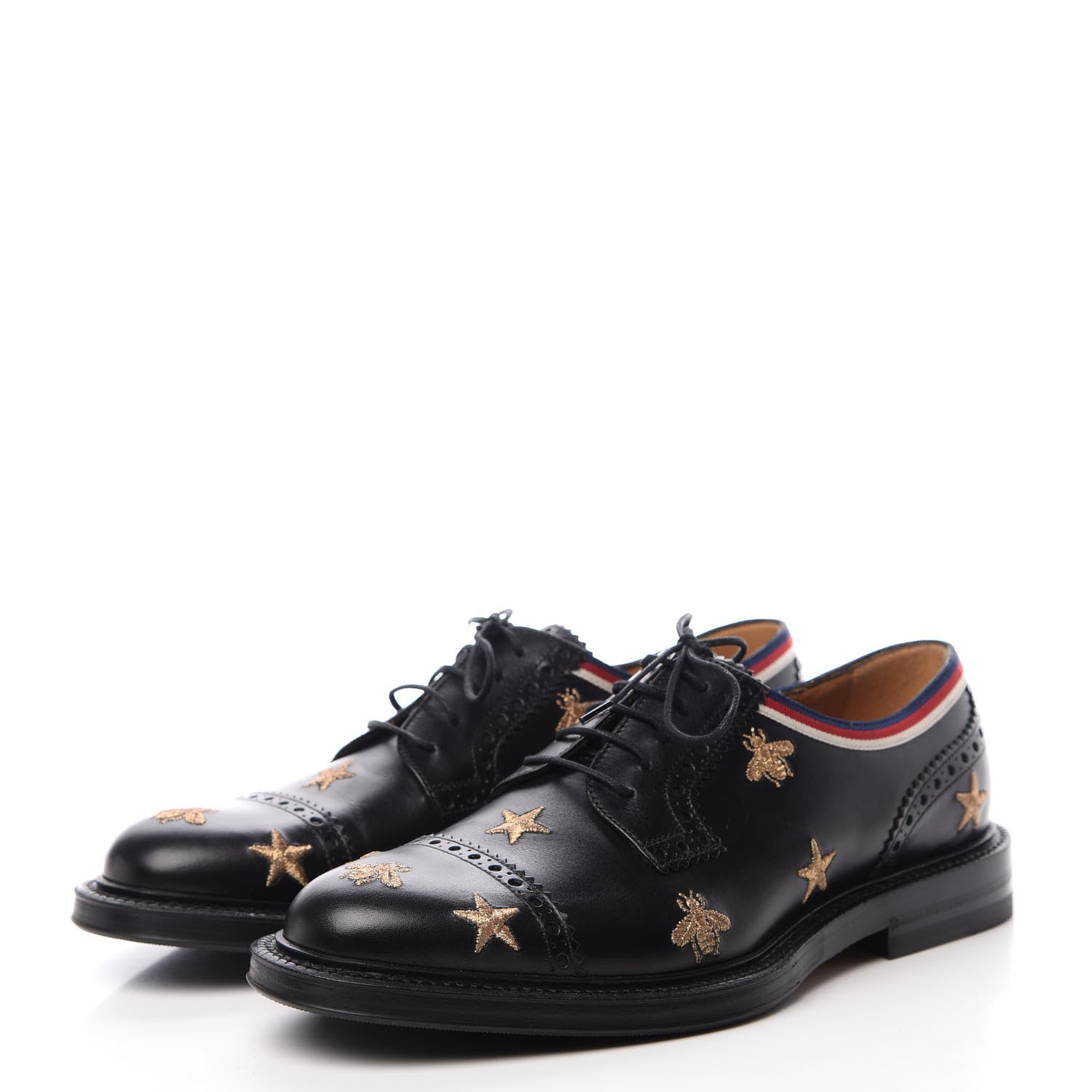 Gucci Calfskin Bee Star Embroidered Mens Captoe Derby Loafers 6 Black 3 of 10