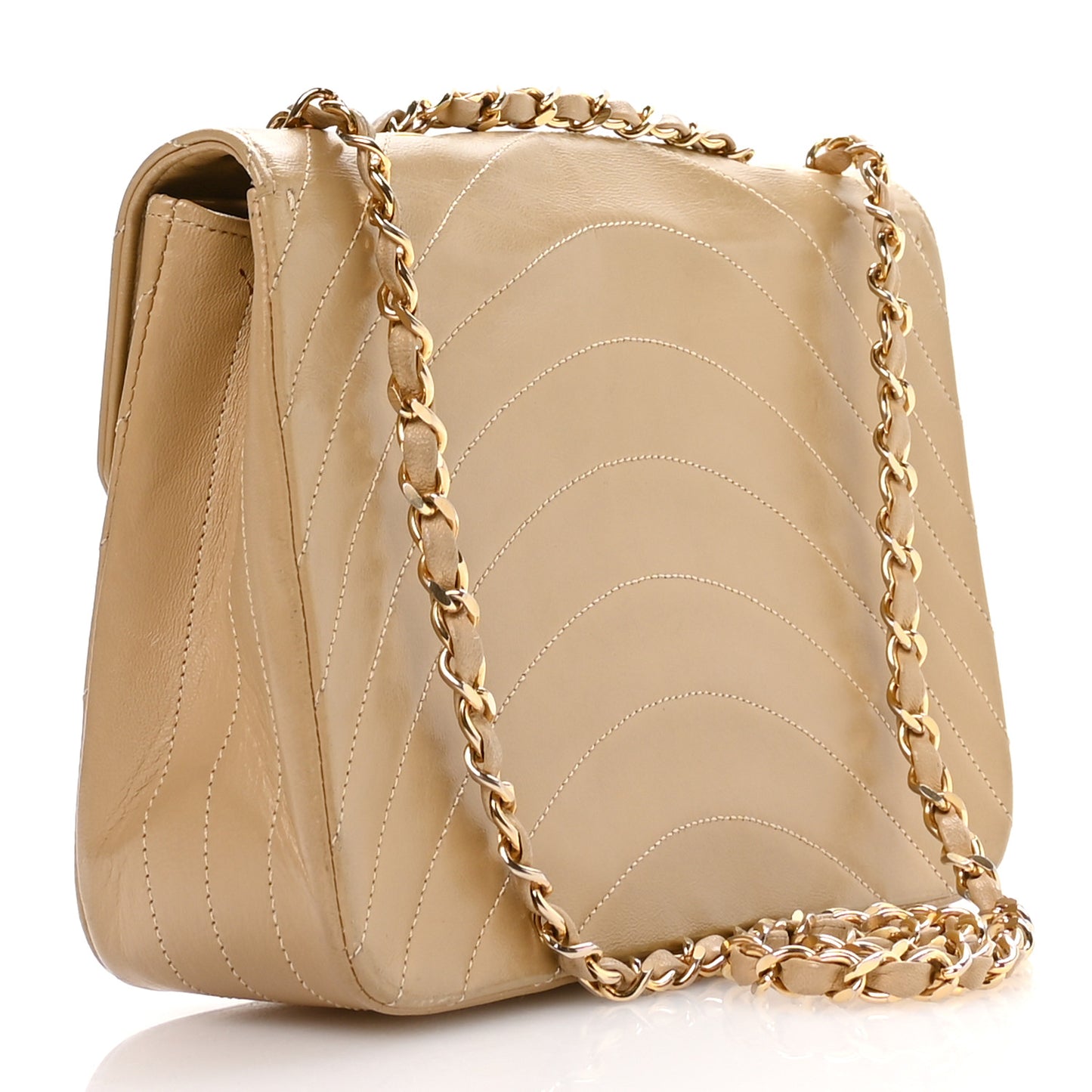 Lambskin Ribbon Stitched Flap Beige