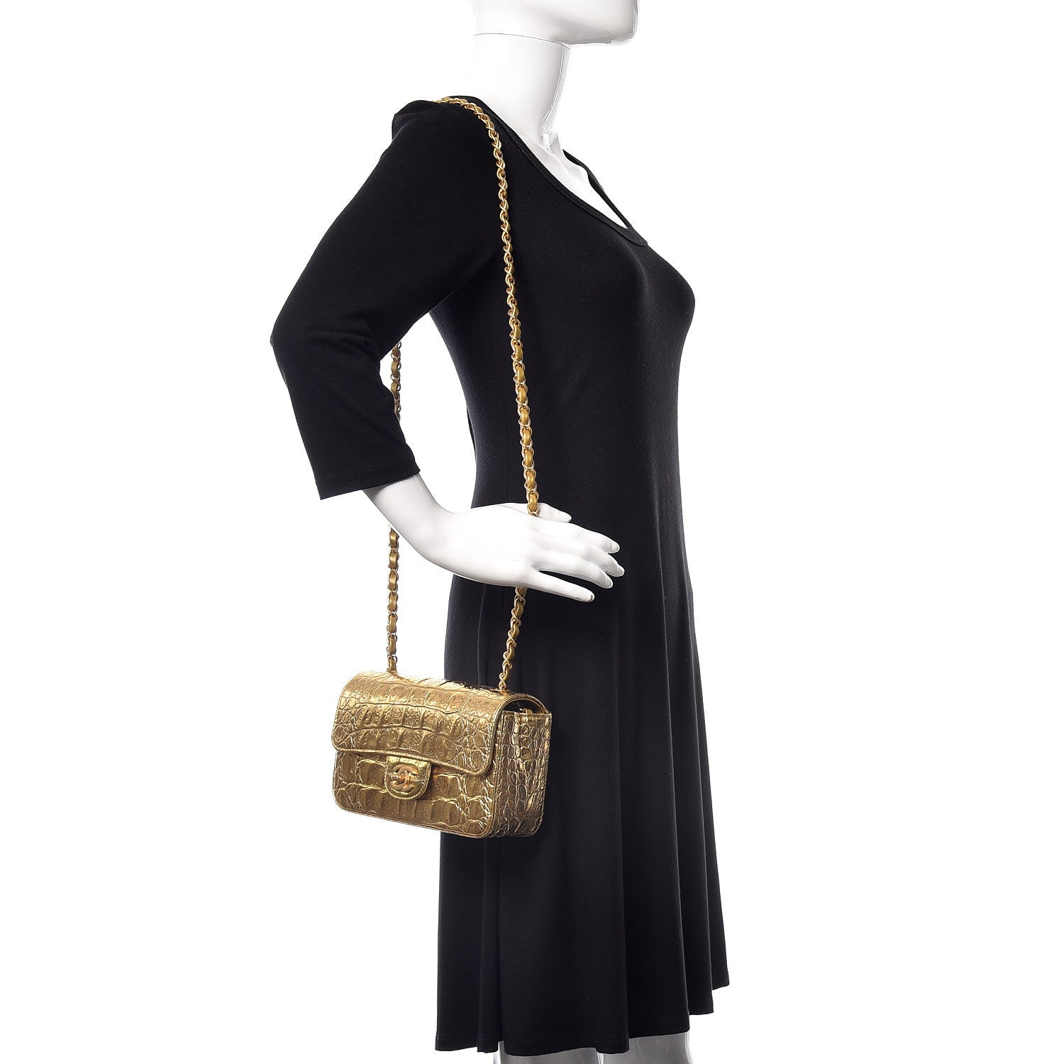 Chanel Metallic Calfskin Crocodile Embossed Cocodile Rectangular Mini Flap Gold 2 of 10
