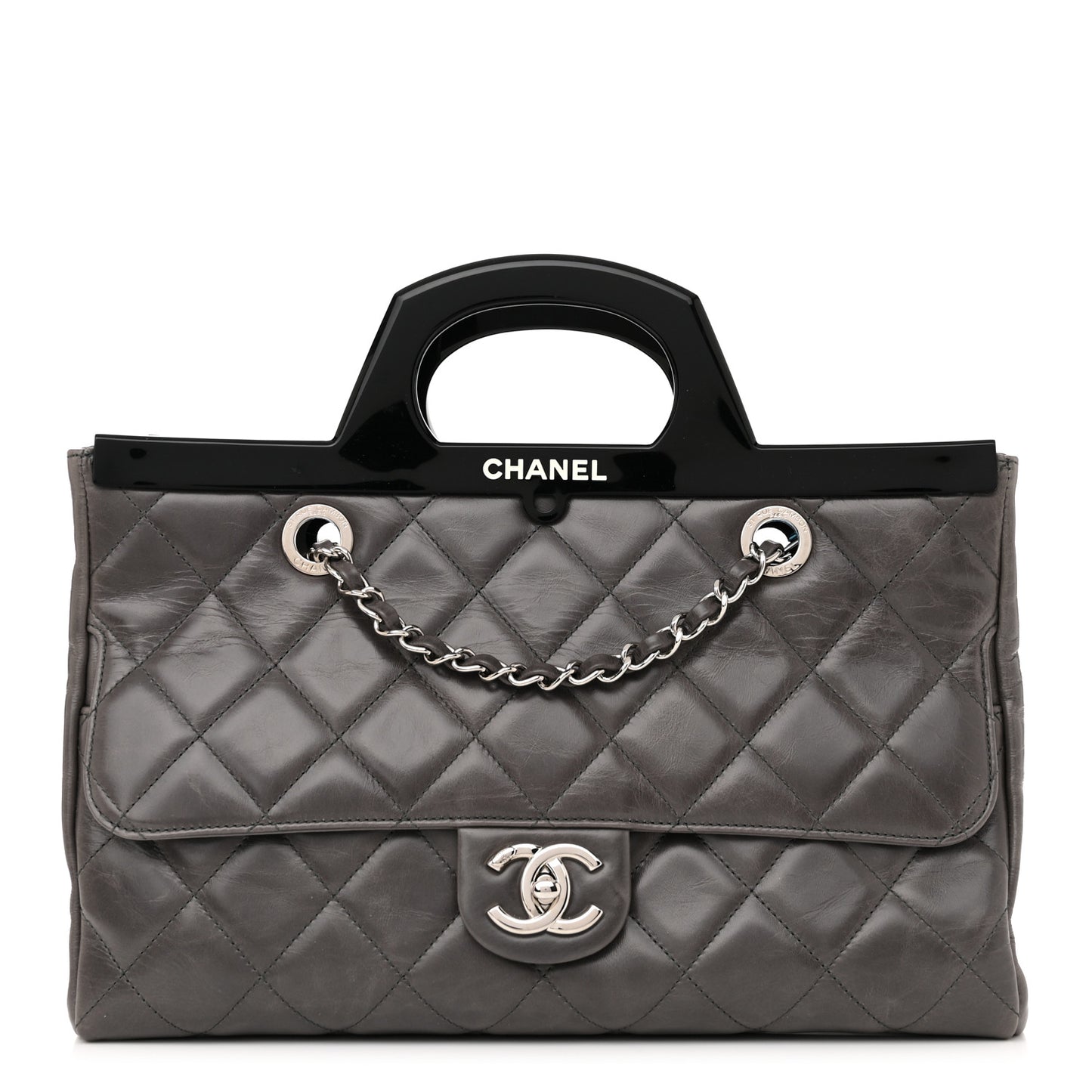 Glazed Calfskin Quilted Small CC Delivery Tote Grey