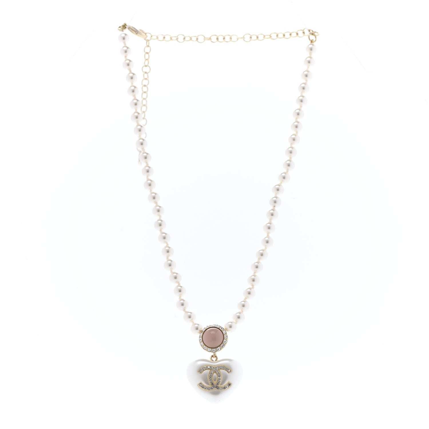 Chanel Pearl Crystal CC Heart Short Necklace Pink Gold 3 of 7