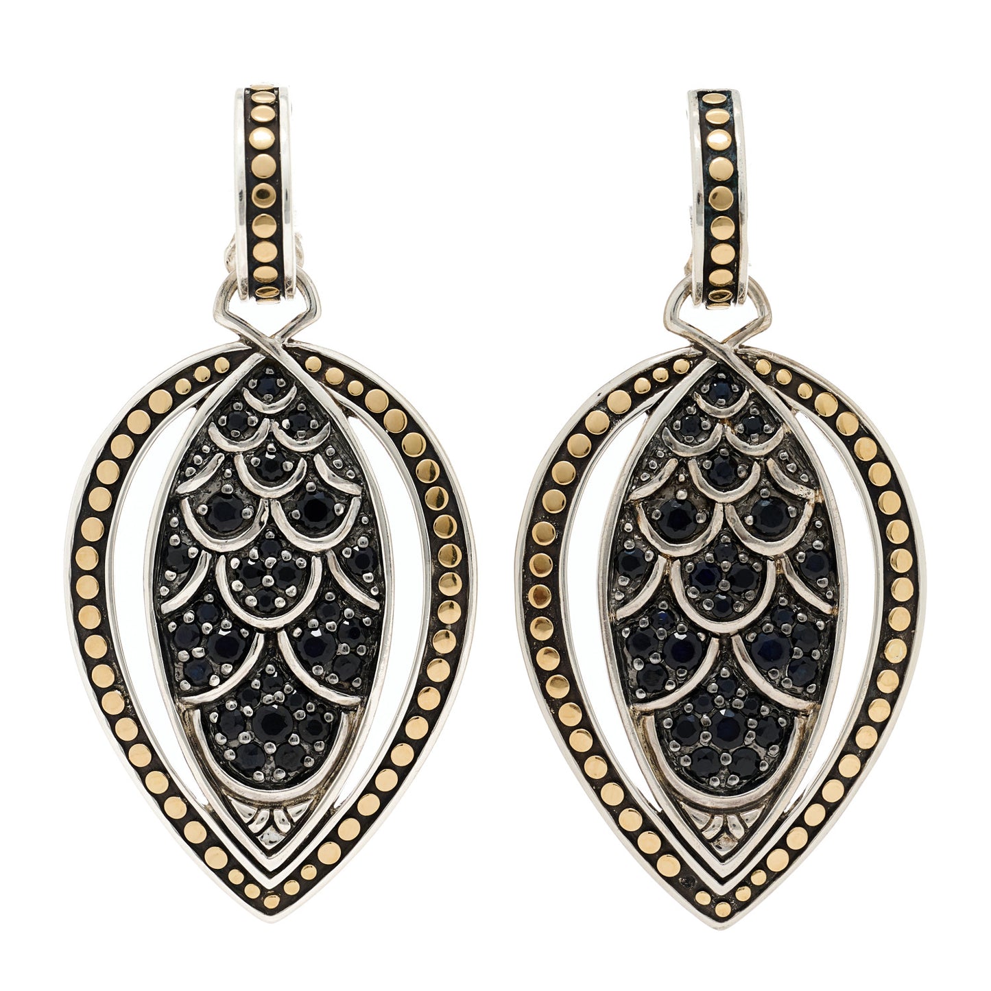 Sterling Silver 18K Yellow Gold Black Sapphire Legends Naga Drop Earrings