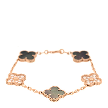Van Cleef & Arpels 18K Rose Gold Diamond Gray Mother of Pearl 5 Motifs Vintage Alhambra Bracelet 1 of 3