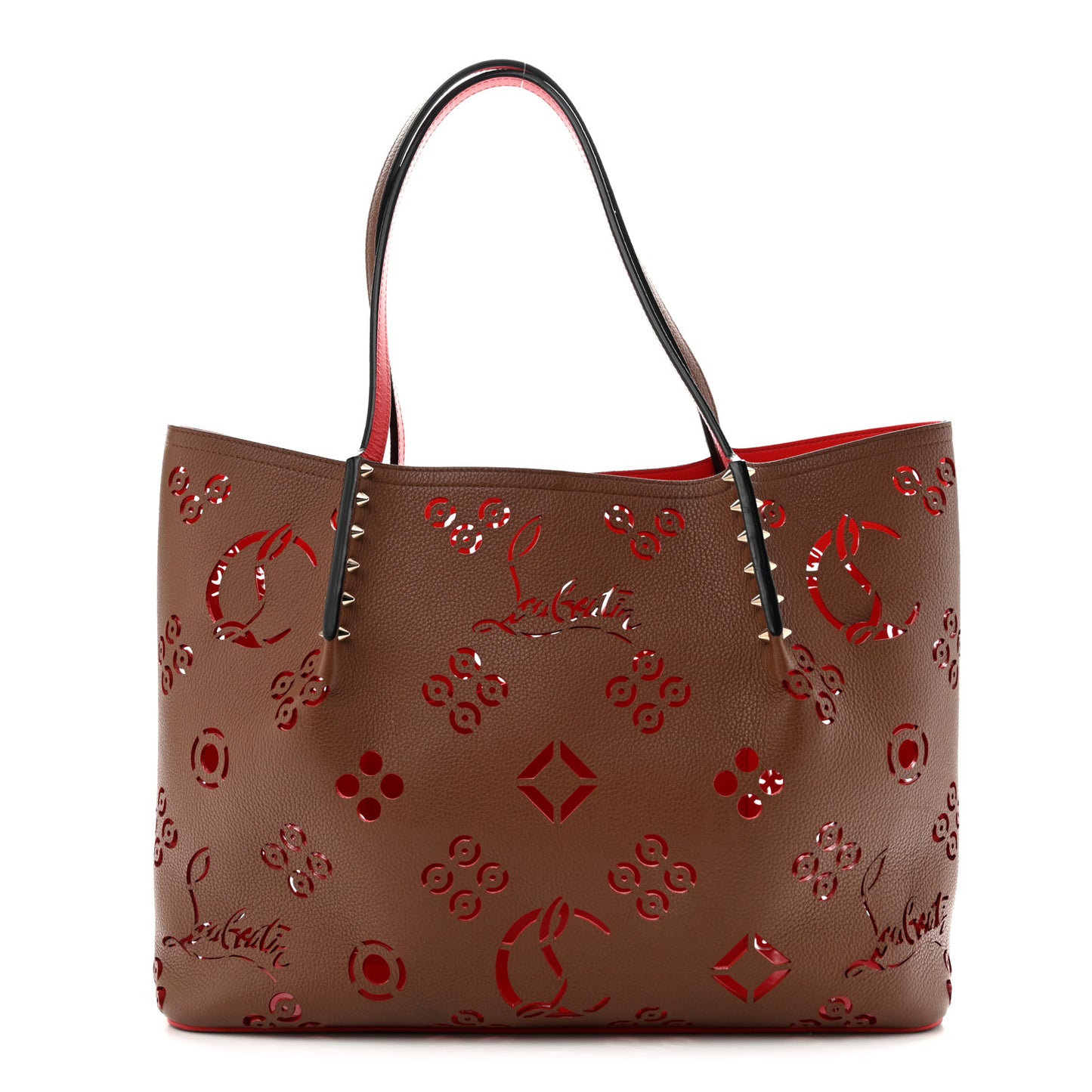 Calfskin Loubinthesky Small Perforated Cabarock Spikes Tote Biscotto