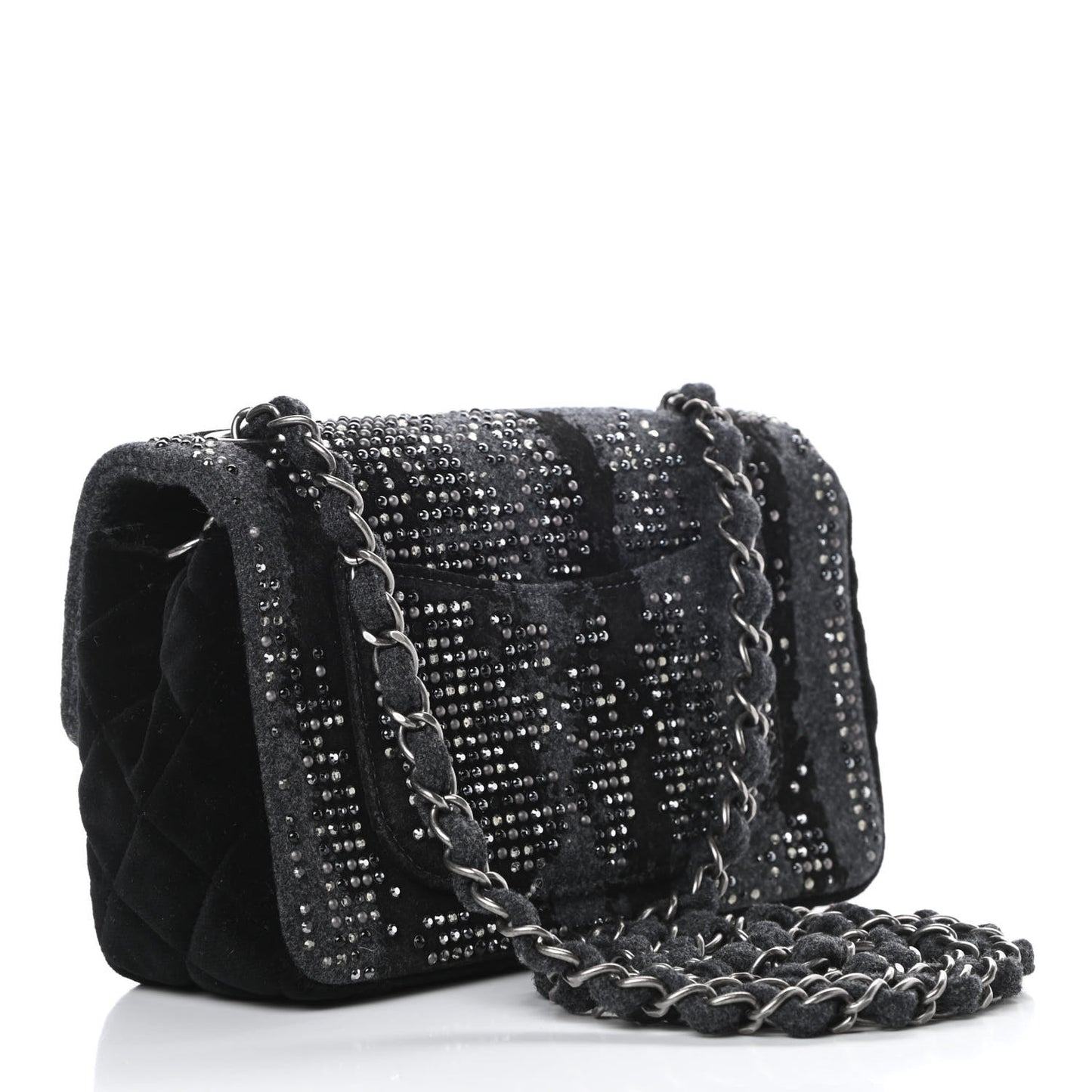 Wool Velvet Crystal Studded Mini Rectangular Flap Grey Black