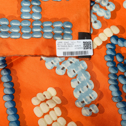Hermes Silk Kelly En Perles Wash Scarf 140 Orange Blue Jean 4 of 5