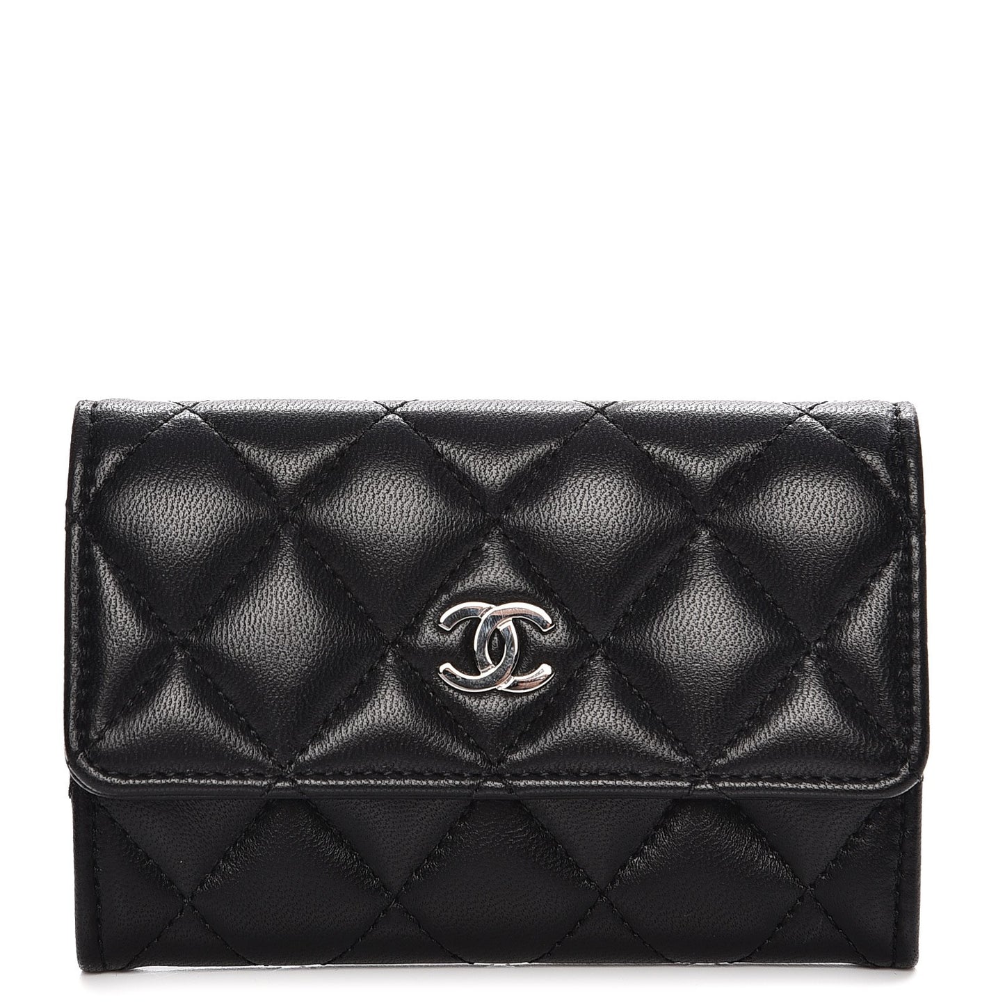 Lambskin Quilted Flap Card Holder Black
