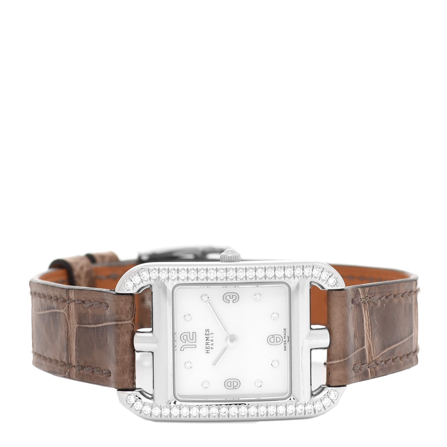 Hermes Stainless Steel Alligator Diamond Bezel Mother of Pearl 23mm Cape Cod Quartz Watch Gris Elephant 2 of 5