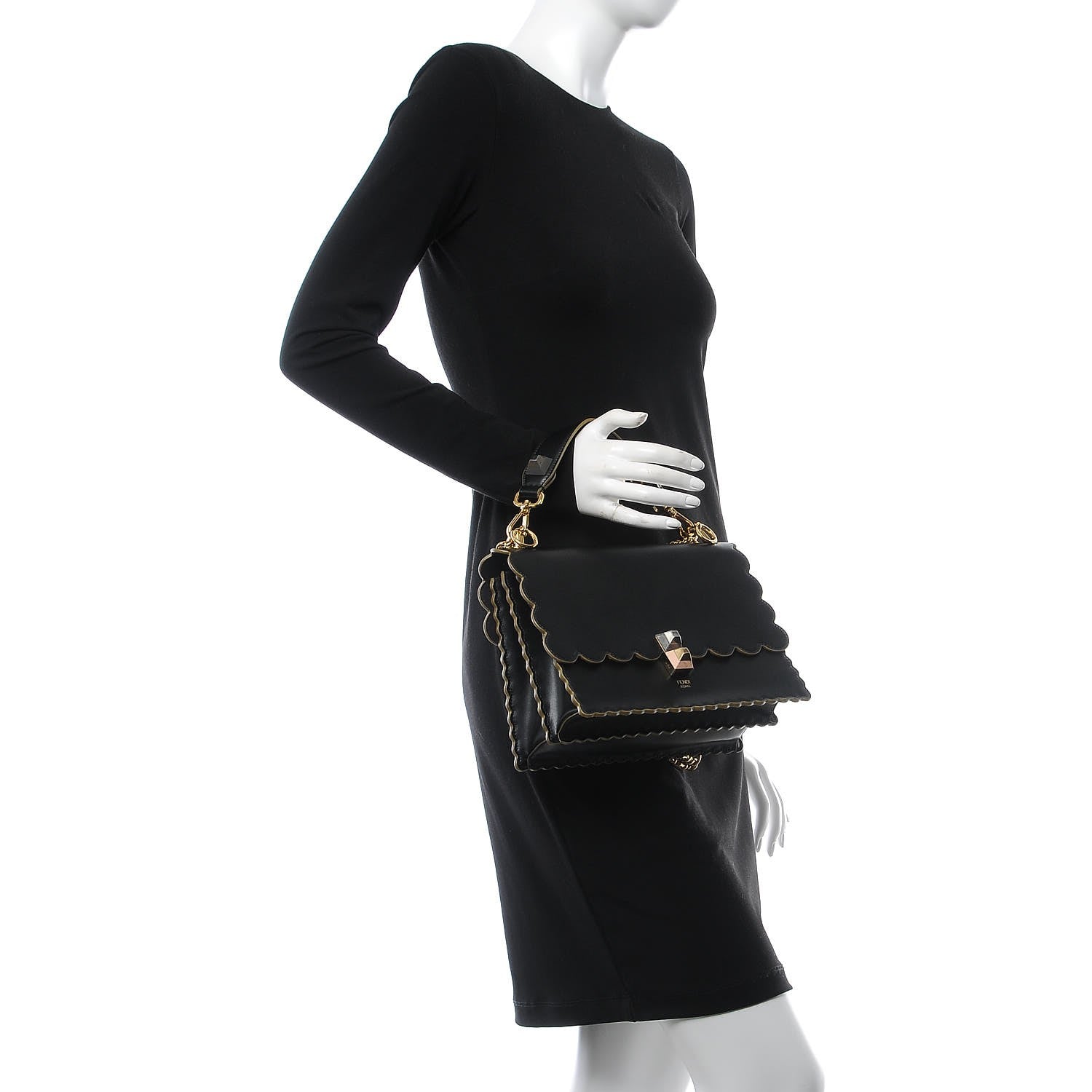 Fendi Vitello Liberty Scalloped Studded Kan I Shoulder Bag Black 3 of 8