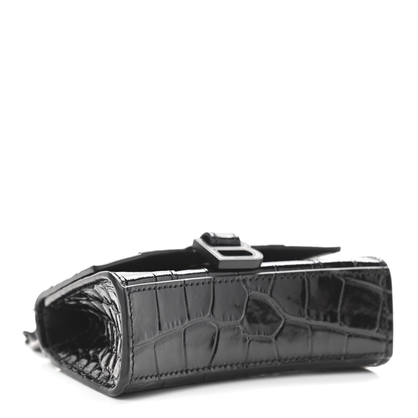 Shiny Calfskin Monochrome Crocodile Embossed Hourglass Top Handle Bag Mini with Chain Black