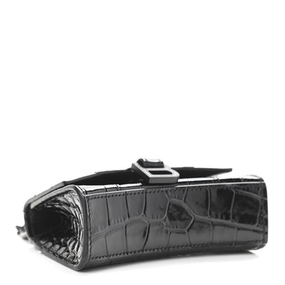 Balenciaga Shiny Calfskin Monochrome Crocodile Embossed Hourglass Top Handle Bag Mini with Chain Black 3 of 8
