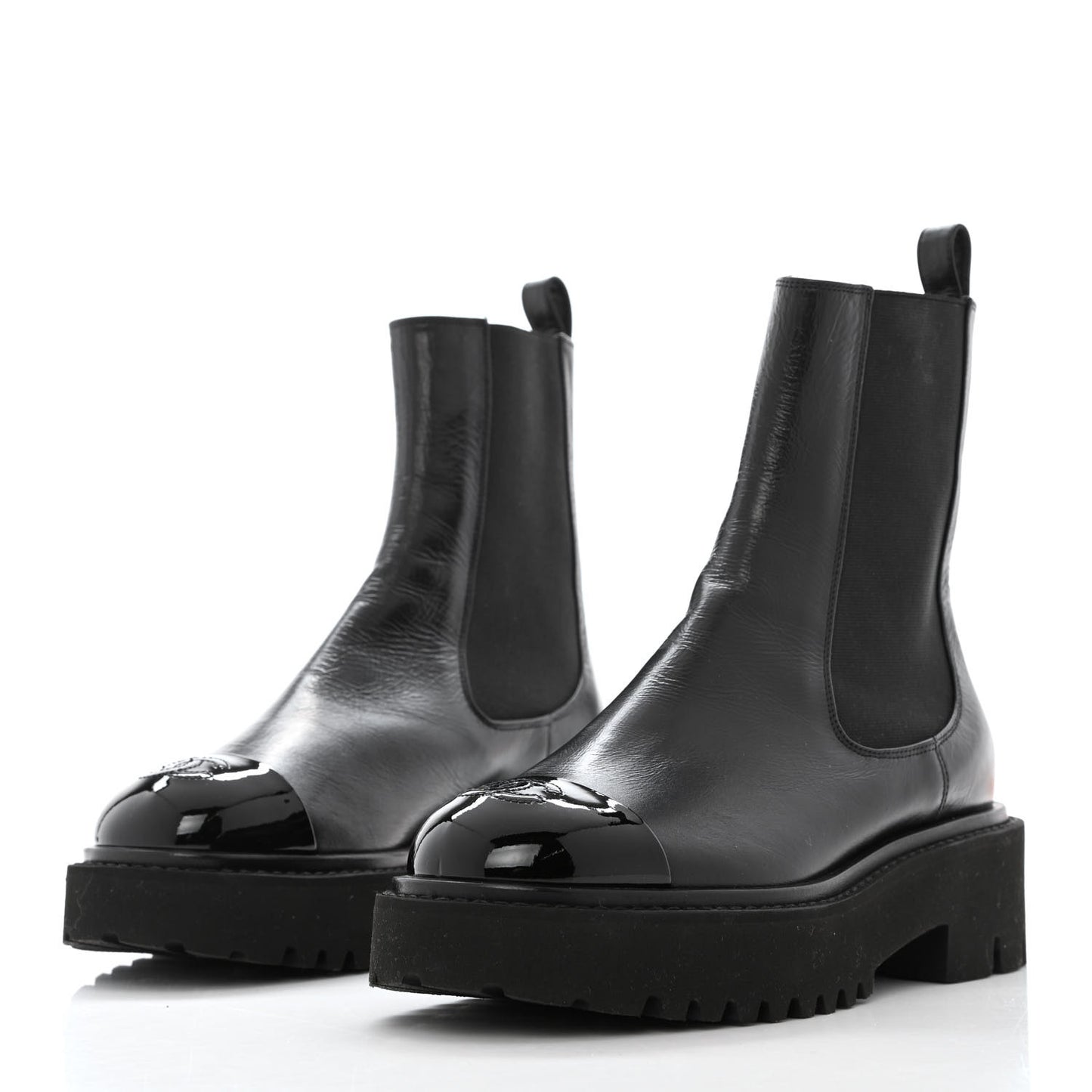 Crumpled Calfskin Patent Cap Toe Short Boots 36.5 Black