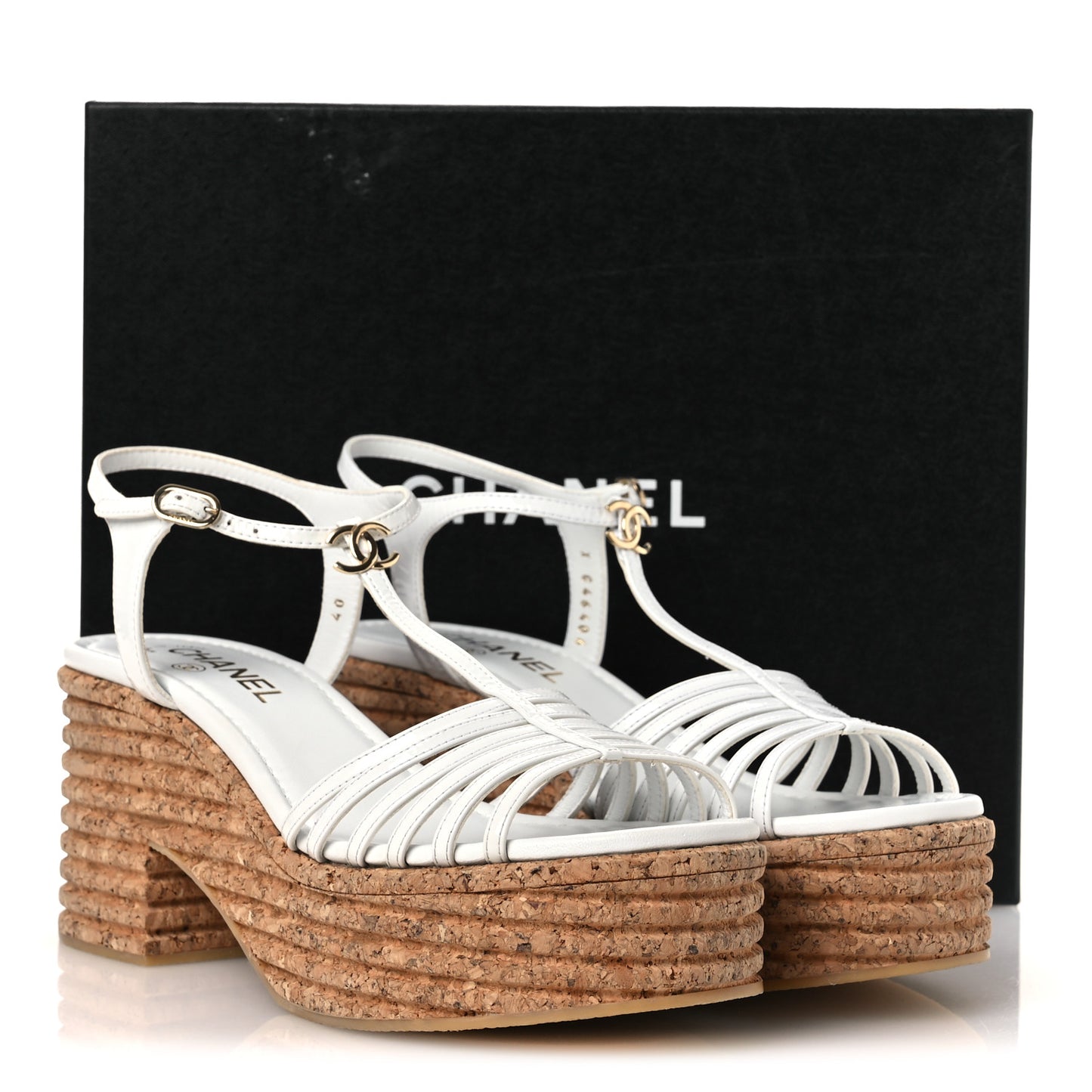 Patent Goatskin Cork CC Ankle Strap Platform Sandals 40 White