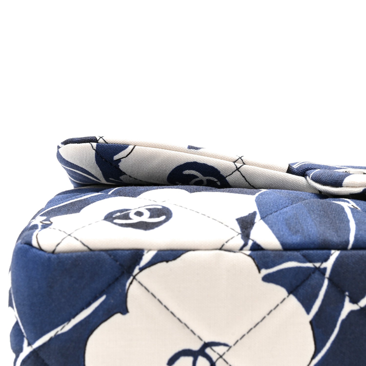 Chanel Floral Printed Silk CC Medium Single Flap Navy Blue White