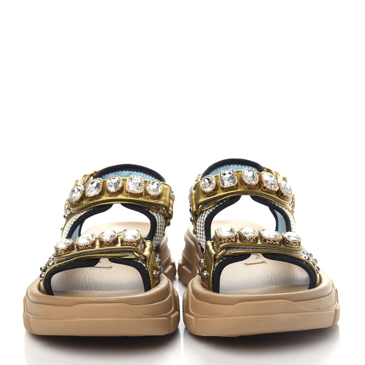 Silk Calfskin Mesh Crystal Embellished Studded Womens Aguru Sandals 39 Gold