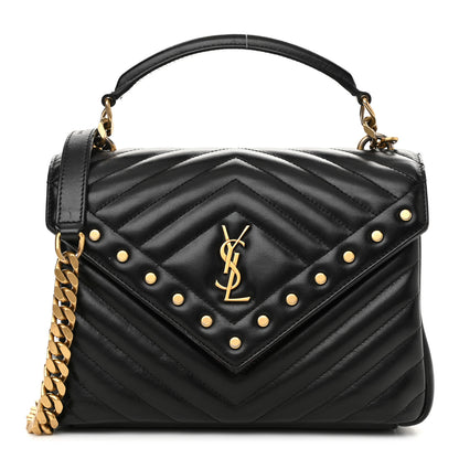 Saint Laurent Calfskin Matelasse Chevron Studded Monogram Medium College Bag Black 1 of 12