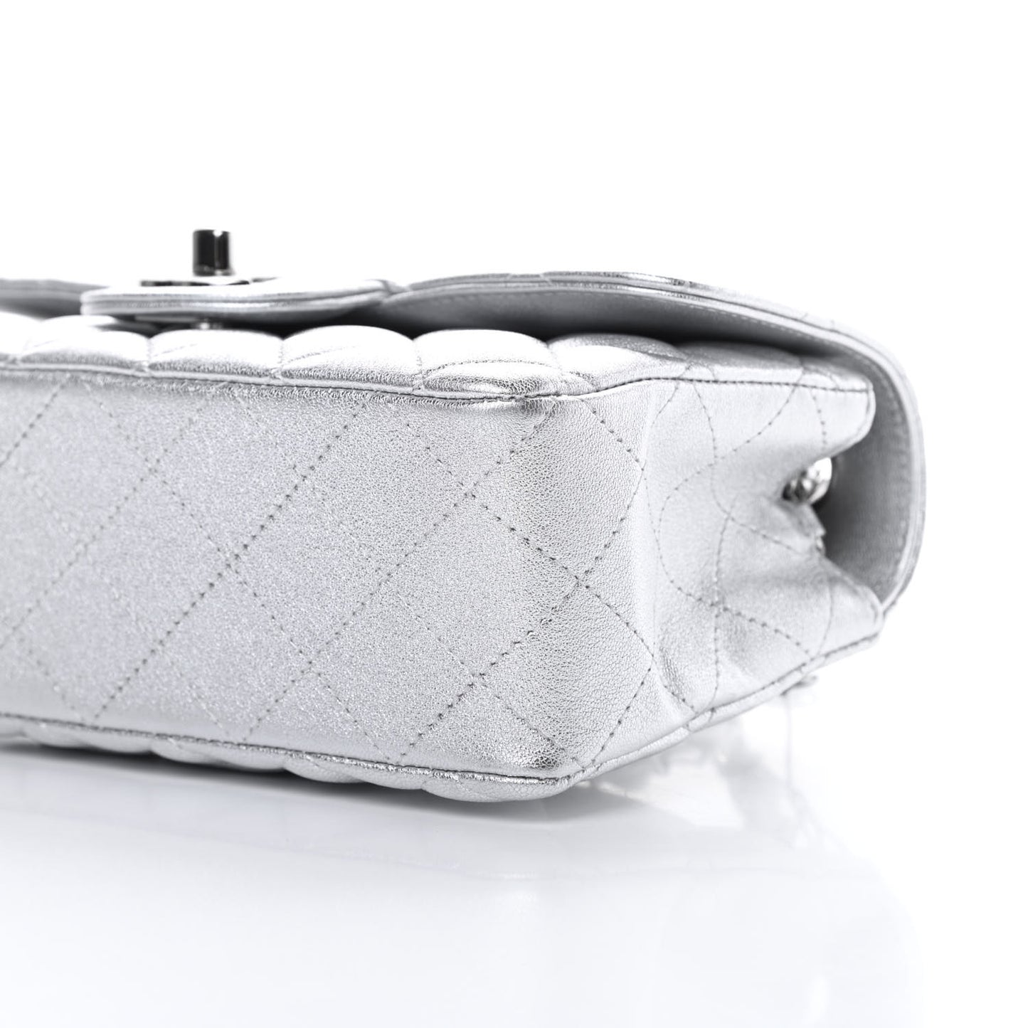 Metallic Lambskin Quilted Mini Rectangular Flap Silver