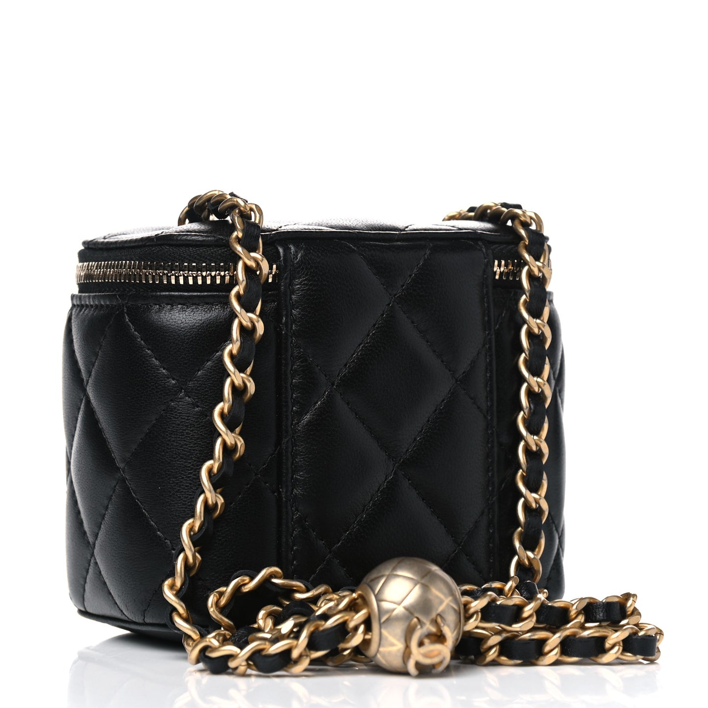 Lambskin Quilted Mini Pearl Crush Vanity Case With Chain Black