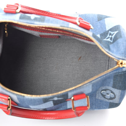 Louis Vuitton Denim Damier Monogram Patchwork Speedy Bandouliere 30 Blue Rouge 6 of 11