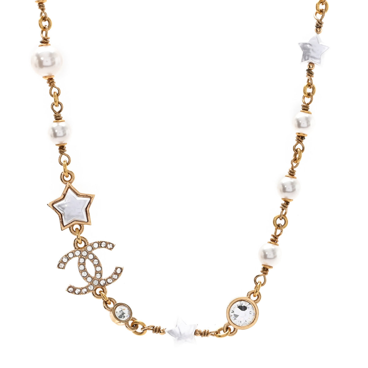 Chanel Metal Crystal Pearl CC Star Gold Pearly White 1 of 5