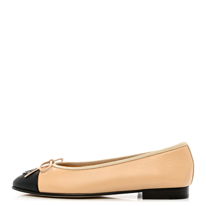 Chanel Lambskin Cap Toe CC Ballerina Flats 37.5 Beige Black 1 of 9