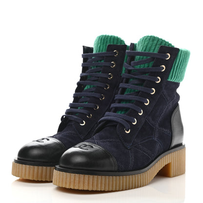 Chanel Suede Calfskin Velvet Quilted CC Combat Boots 40 Navy Green Black 3 of 8