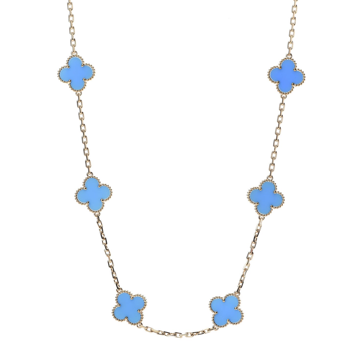 18K Yellow Gold Blue Agate 10 Motifs Vintage Alhambra Necklace