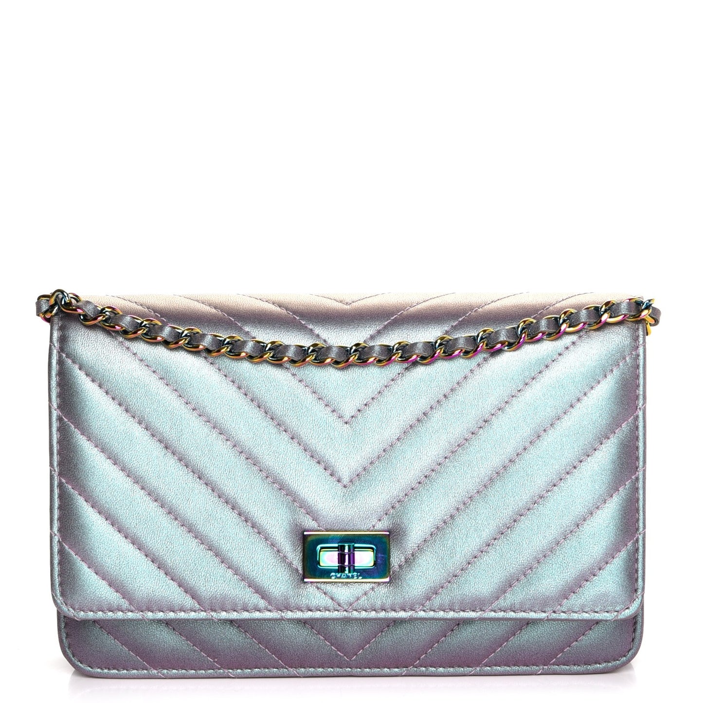 Iridescent Lambskin Chevron Quilted Reissue Wallet On Chain WOC Light Purple
