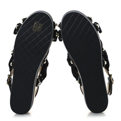 Chanel Calfskin Cord Pearl CC Sandals 38 Black 7 of 11