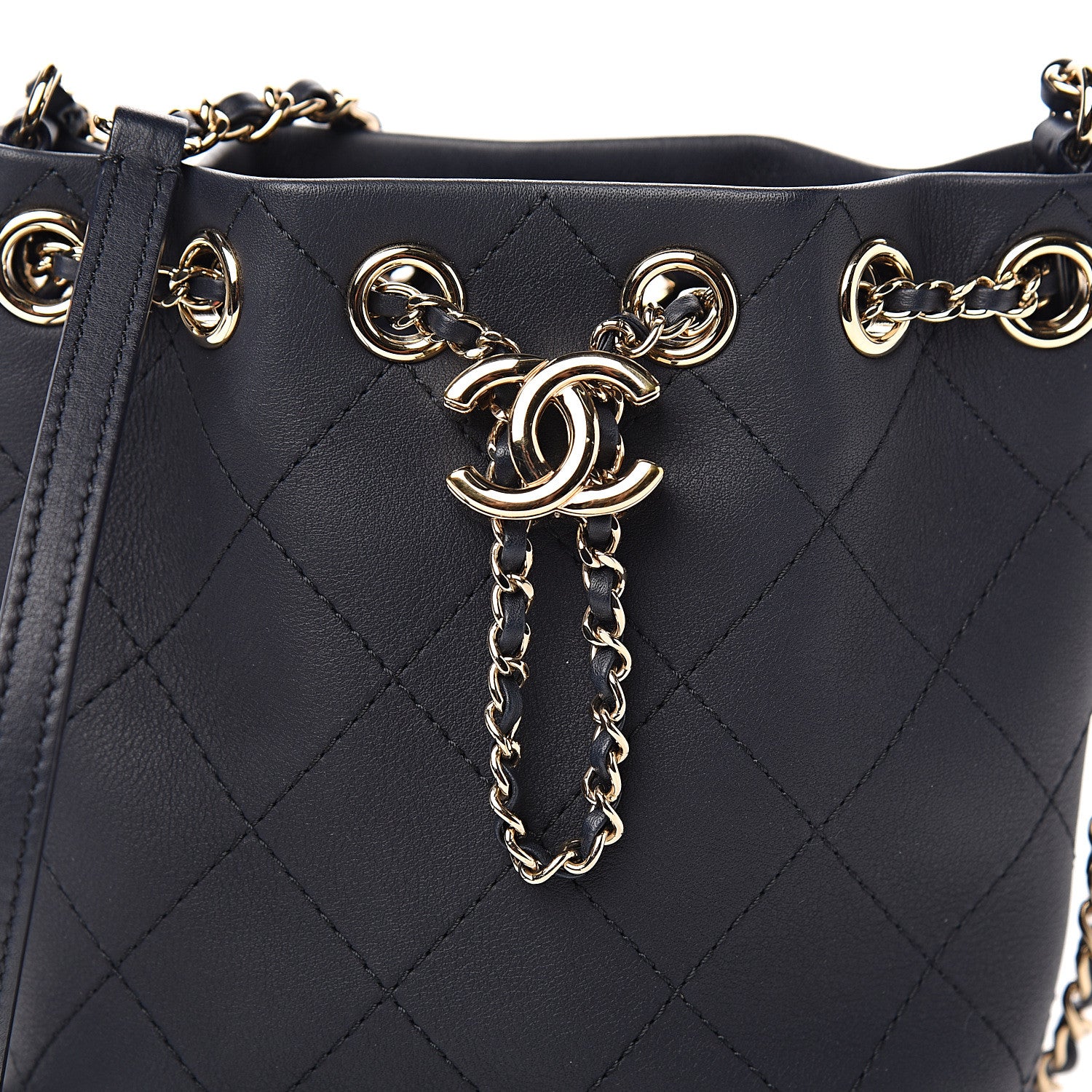 Chanel Calfskin Stitched Chain Bucket Bag Navy 9 of 10