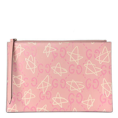 Gucci Calfskin GucciGhost Print Zip Pouch Perfect Pink Rosa Ivory 1 of 9