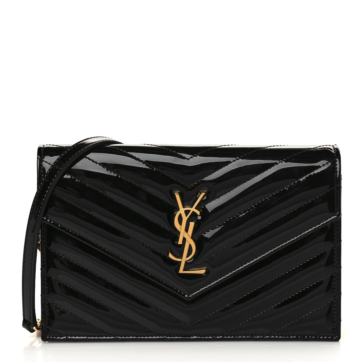 Patent Calfskin Matelasse Chevron Monogram Envelope Chain Wallet Black