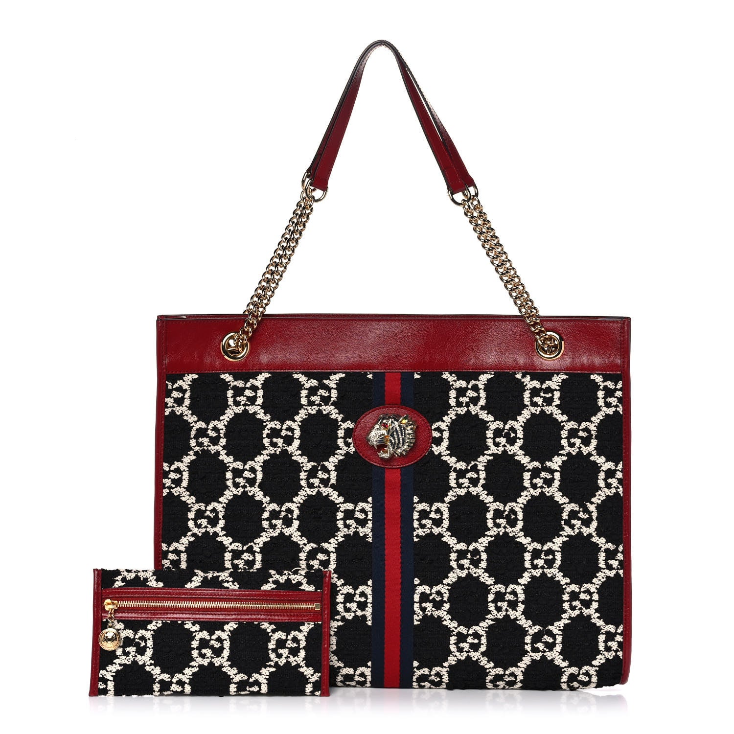 Gucci Tweed GG Monogram Large Rajah Chain Tote Romantic Cherry Black White 1 of 12