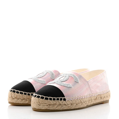 Chanel Laminated Lambskin Grosgrain Embroidered CC Espadrilles 39 Pink Silver Black 3 of 9