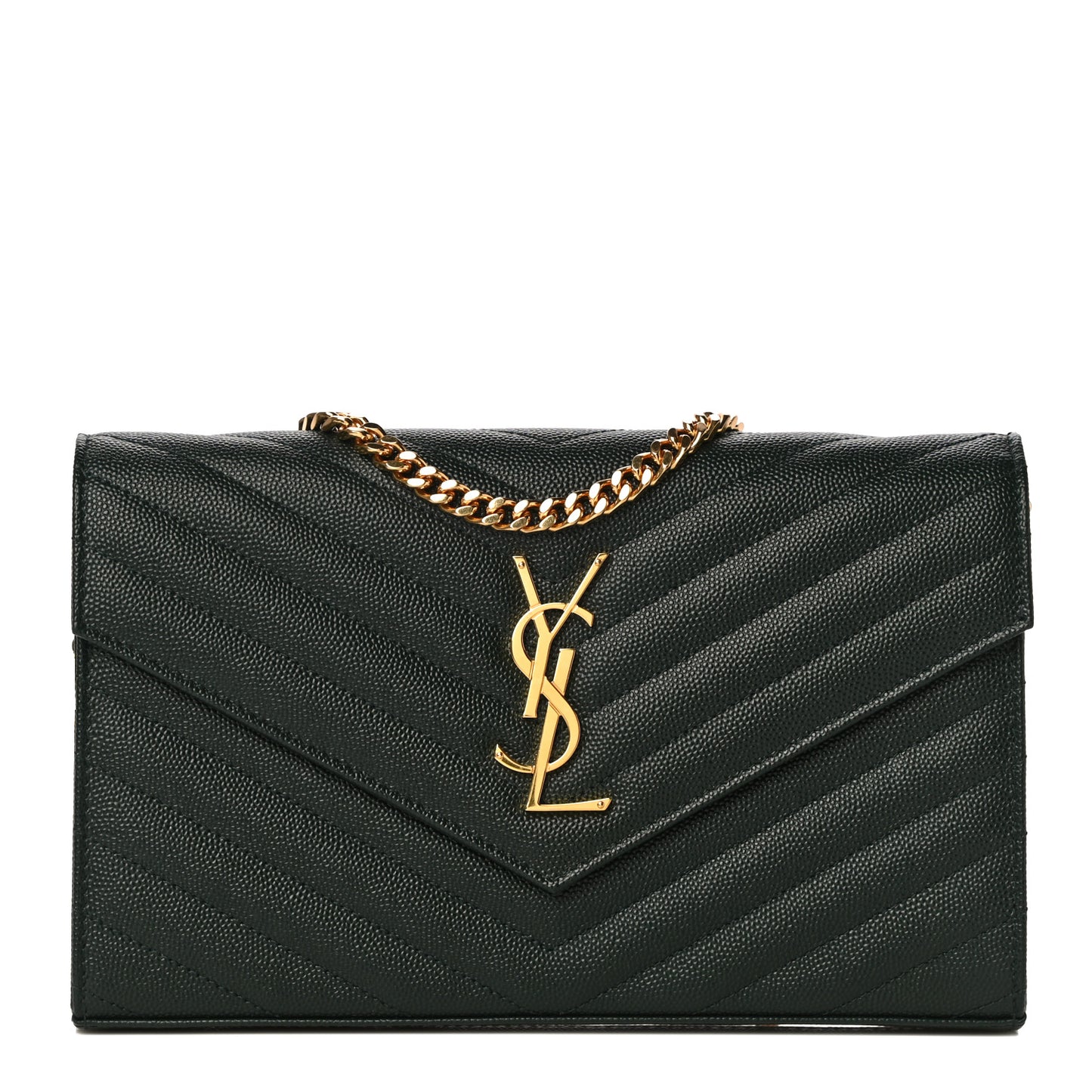 Grain De Poudre Matelasse Chevron Monogram Chain Wallet Dark Green