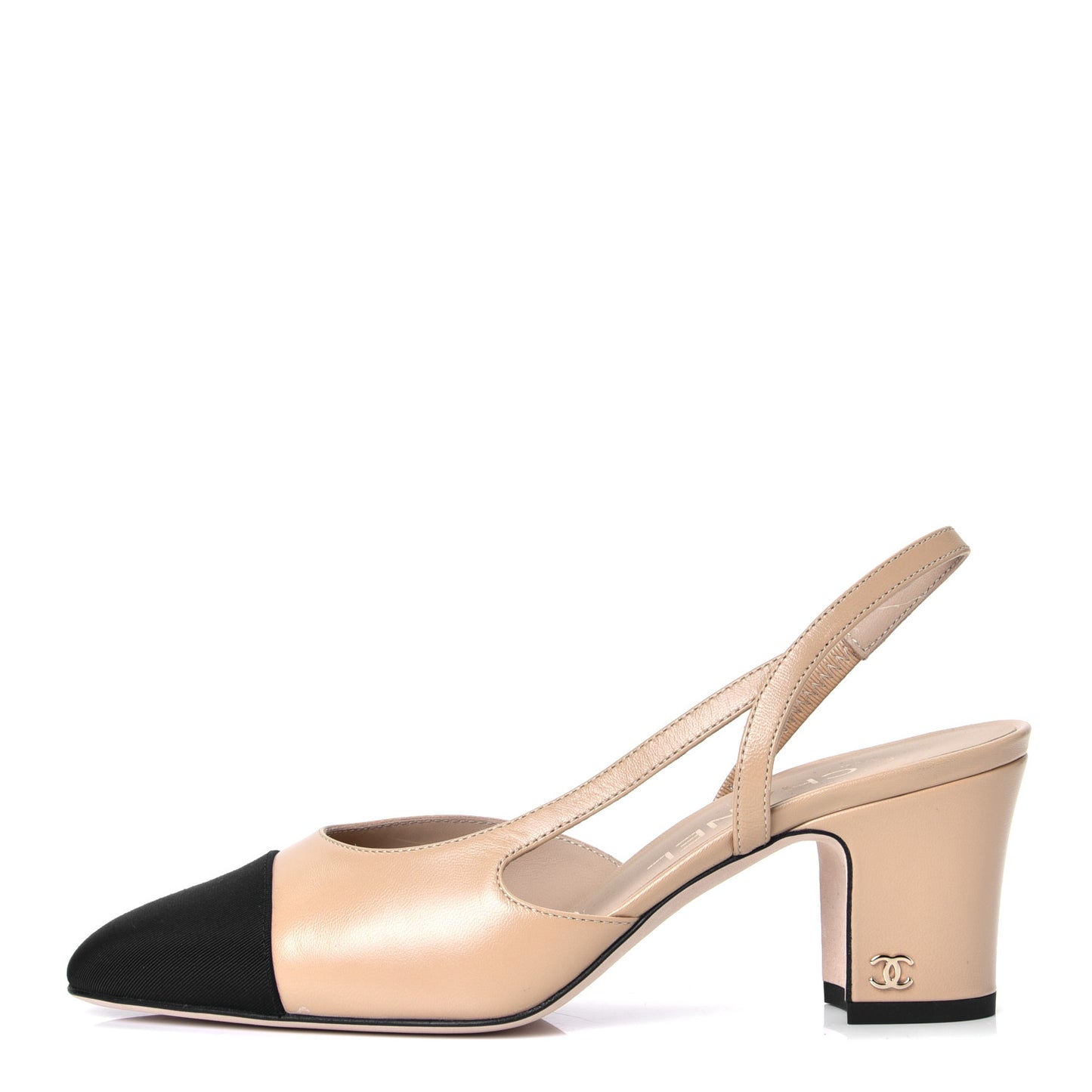 Goatskin Grosgrain Cap Toe CC Slingback Pumps 36 Beige Black
