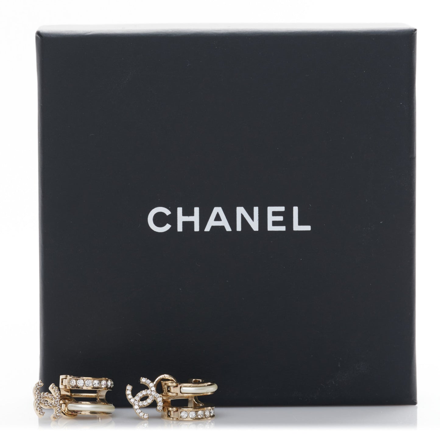 Crystal CC Hoop Drop Earrings Gold Pearly White