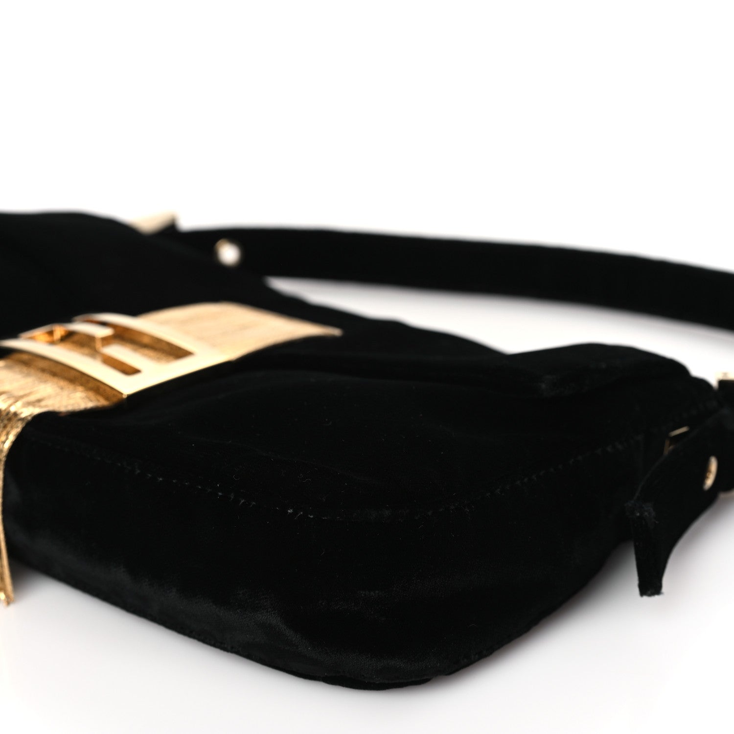 Fendi Velvet Metal Fringe Baguette Black Gold 10 of 10