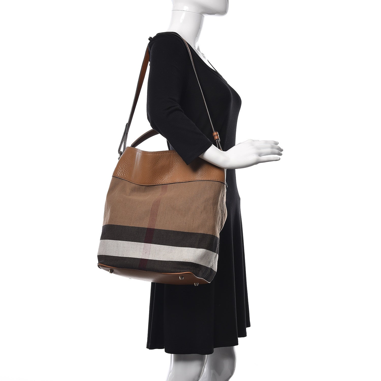 Burberry Grainy Calfskin Canvas Mega Check Medium Ashby Tassel Hobo Saddle Brown 2 of 14