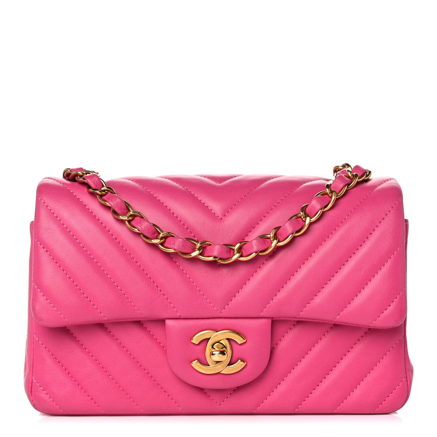 Lambskin Chevron Quilted Mini Rectangular Flap Dark Pink