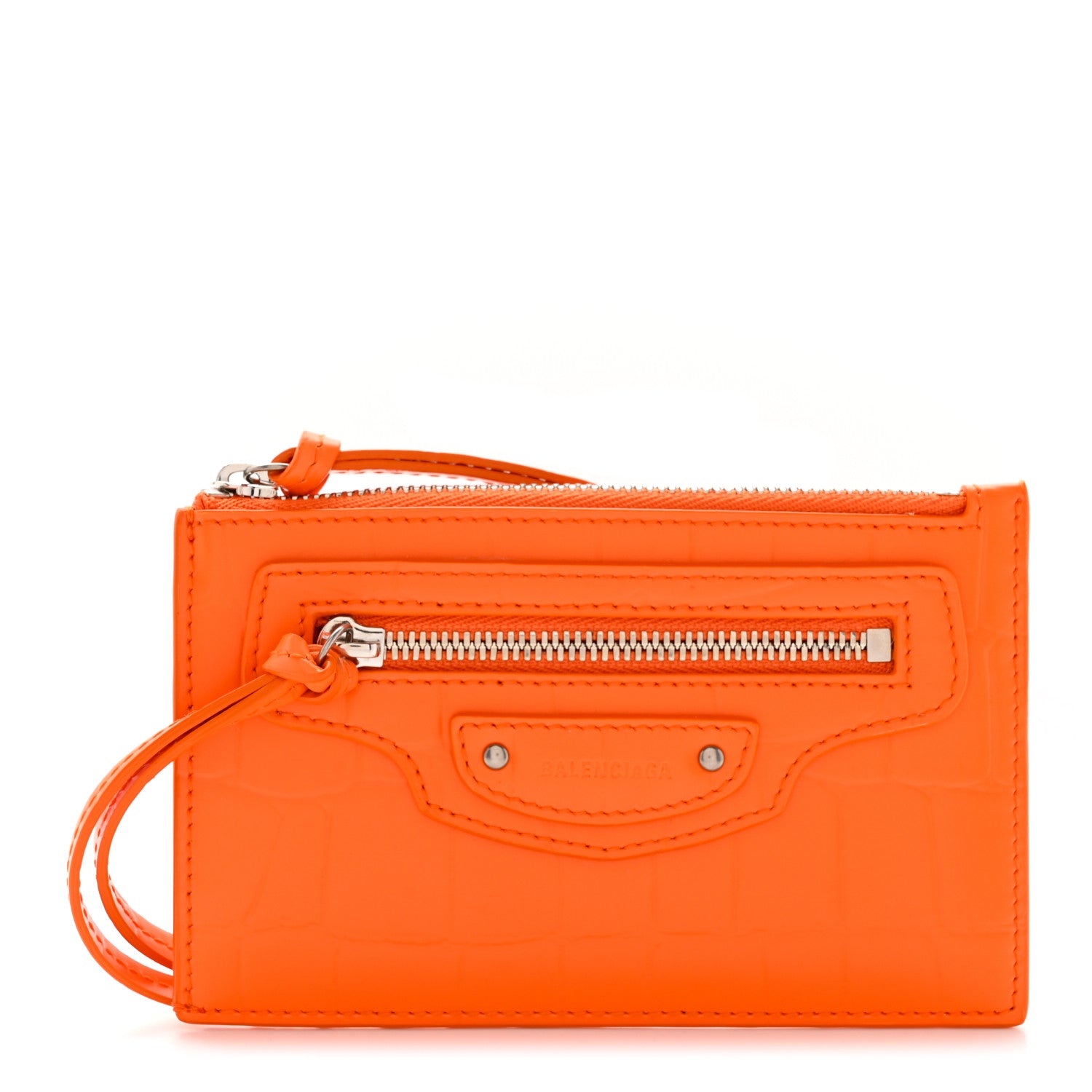 Balenciaga Semi Shiny Calfskin Crocodile Embossed Neo Classic Silver Hardware Long Coin Case Card Holder Orange 1 of 7