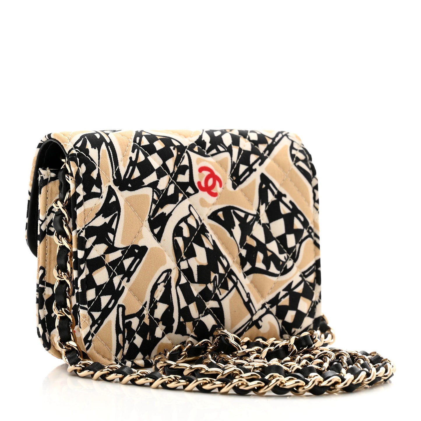 Canvas Check Flag Printed CC Clutch With Chain Beige Multicolor