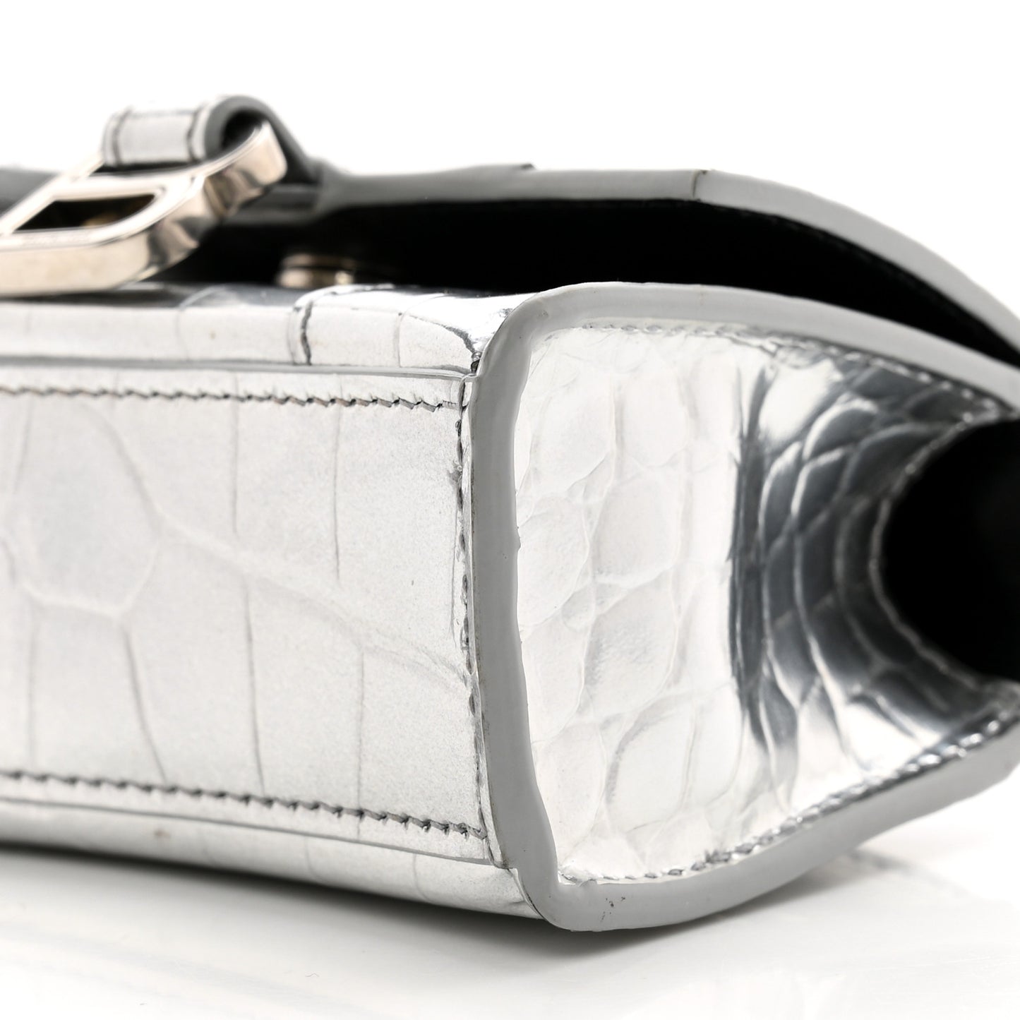 Metallic Calfskin Crocodile Embossed Hourglass Top Handle Bag Mini with Chain Silver