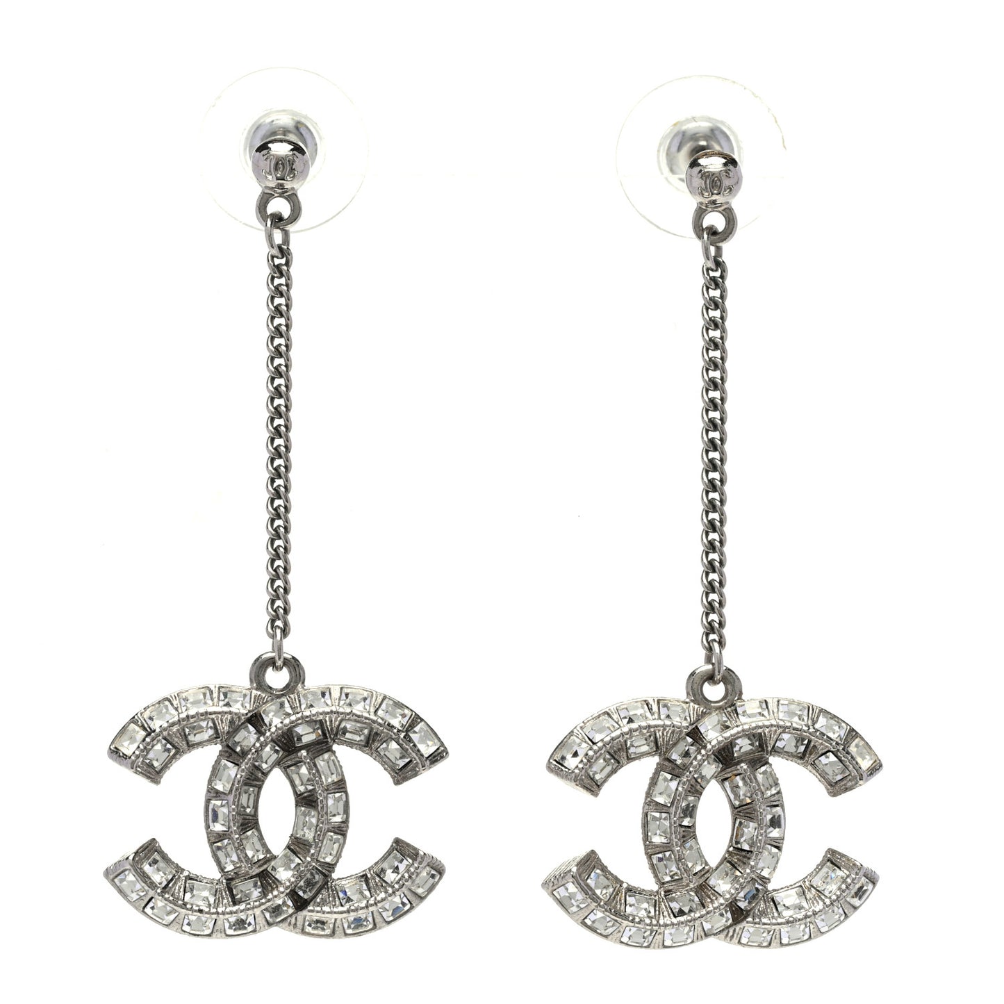 Baguette Crystal CC Drop Earrings Silver