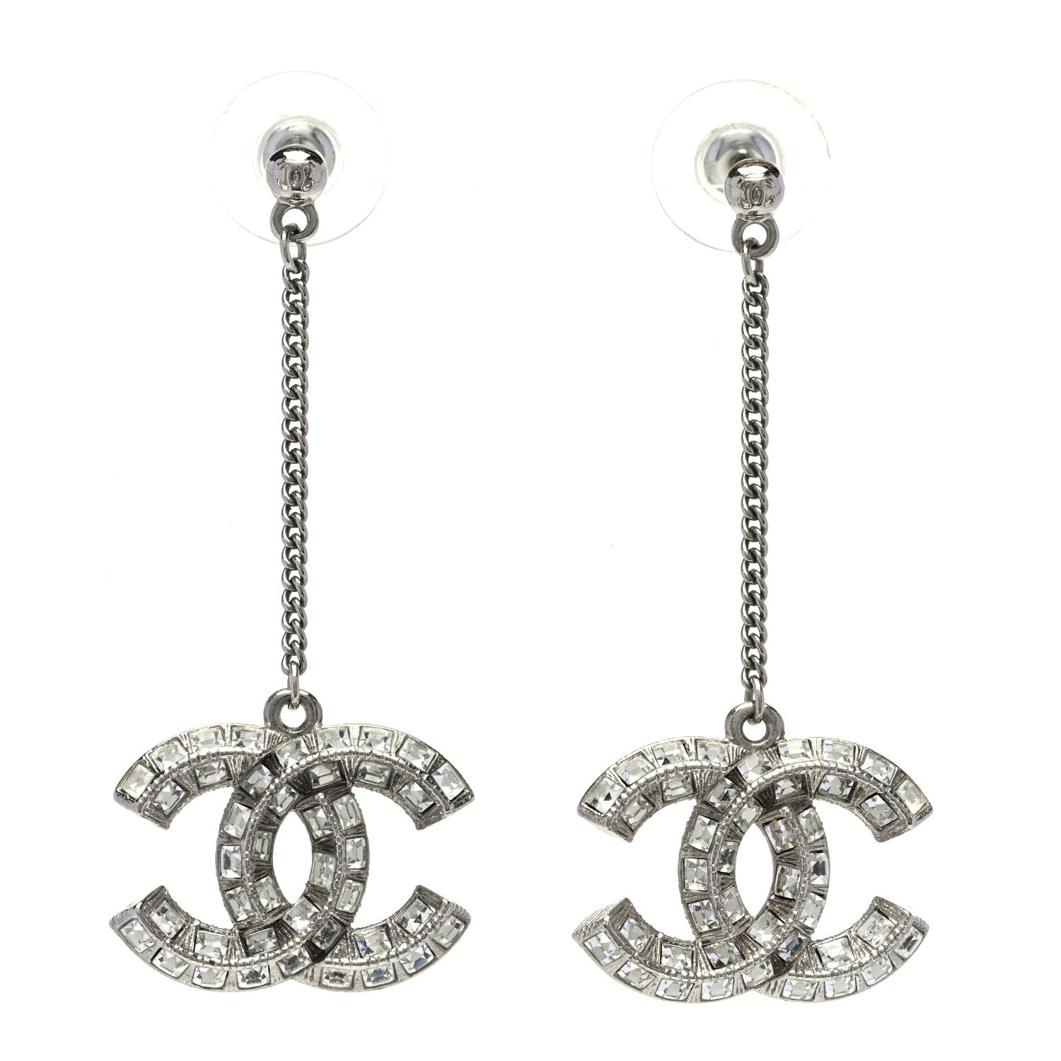 Chanel Baguette Crystal CC Drop Earrings Silver 1 of 5