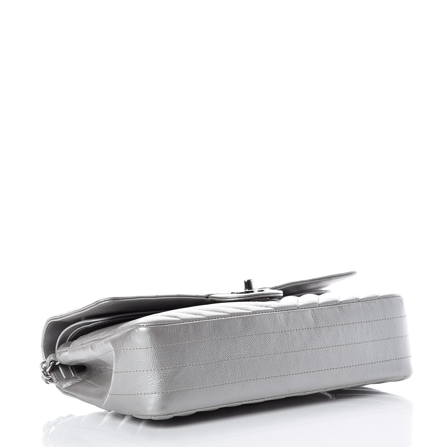 Metallic Caviar Chevron Quilted Medium Double Flap Silver
