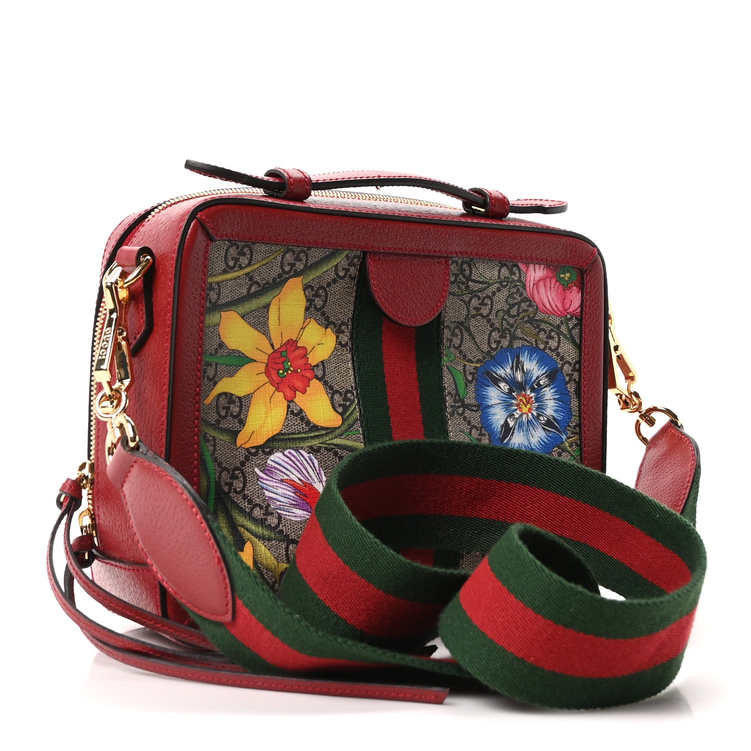 Gucci GG Supreme Monogram Flora Web Small Ophidia Top Handle Shoulder Bag Hibiscus Red 3 of 10