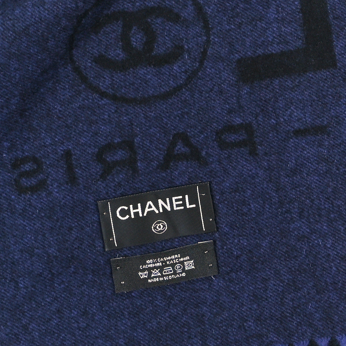 Chanel Cashmere CC Fringe Stole Blue Black 3 of 3