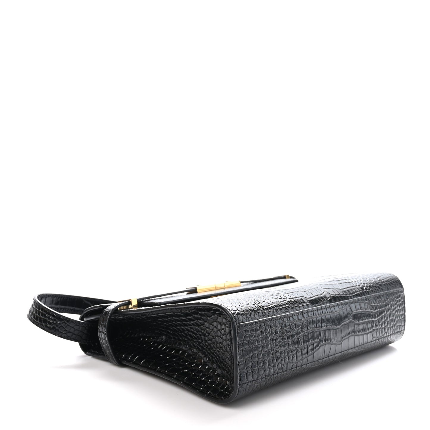 Shiny Calfskin Crocodile Embossed Manhattan Baguette Black